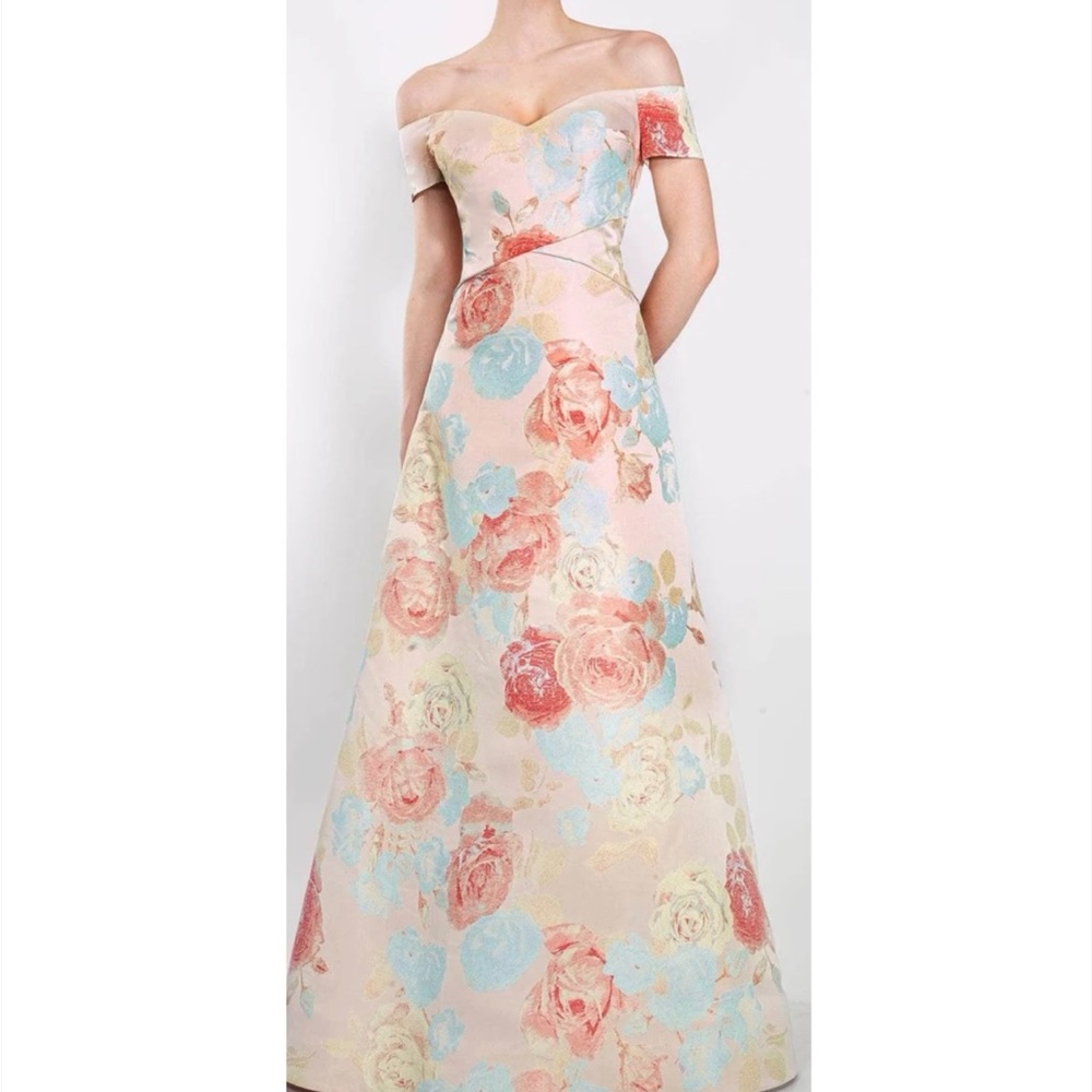 Janique 9621 Floral Short Sleeves Off Shoulder Evening Gown